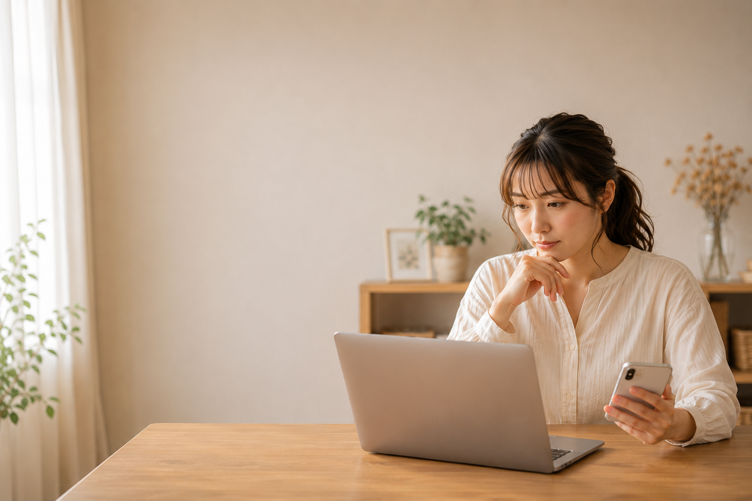 WEBデザインスクールの情報を見ながら考える女性